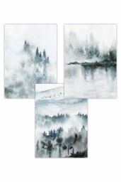 ARTZE Set of 3 Teal Blue Abstract Forest Lake Art Posters - Size: W50 cm x H70 cm - thumbnail 1