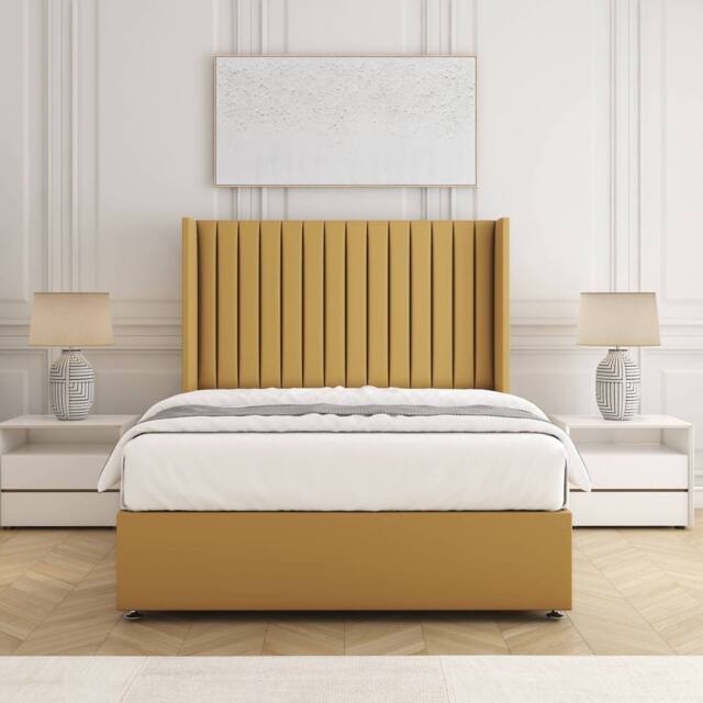 "BSSPOKE Manhattan Divan Bed Plush Velvet 54"" Headboard & Mattress No Drawers in Mustard - Size: King" - image 1