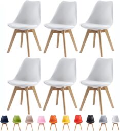 MCC Direct Set of 6 Dining Chairs with Solid Wooden Legs & Seat Cushions Eva in White