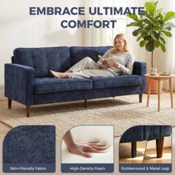 HOMCOM 3 Seater Sofa with Button Tufting Wood Legs, Dark Blue - thumbnail 4