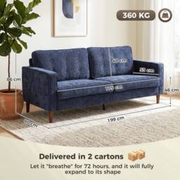 HOMCOM 3 Seater Sofa with Button Tufting Wood Legs, Dark Blue - thumbnail 3