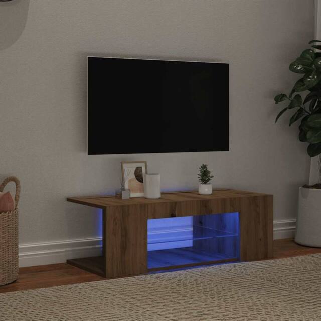 Berkfield Home TV Cabinet with LED Lights Artisan Oak 90x39x30 cm Engineered Wood in Brown - Size: 90 x 39 x 30 cm - image 1
