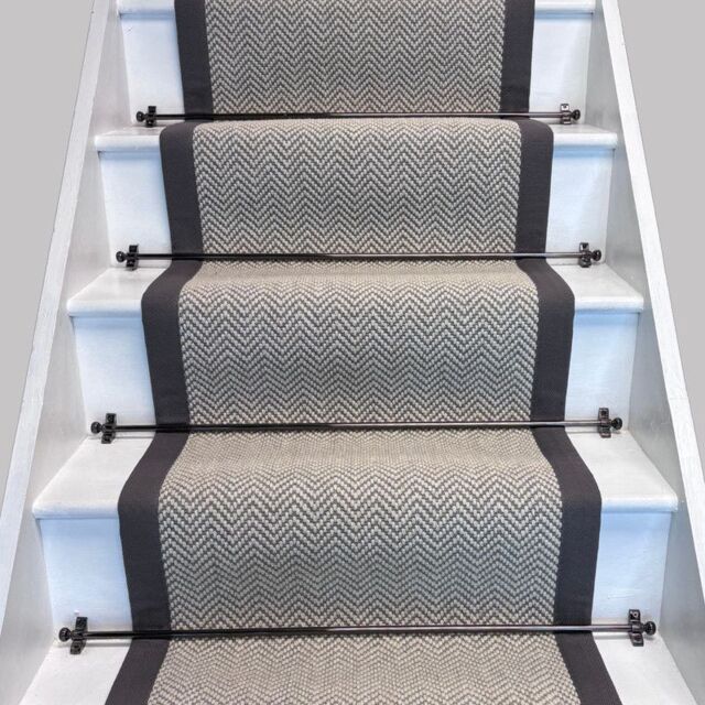 RainbowHome Herringbone Dapple Pure Wool Stair Runner With 100% Cotton Grey Border in White - Size: 70 cm x 650 cm - image 1