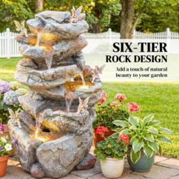 OUTSUNNY Outdoor Water Fountain with 6-Tier Rock Style, LED Lights, Grey - thumbnail 4
