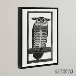 "Artery8 Stylised Horned Owl Samuel J De Mesquita Framed Canvas Wall Art Print in White - Size: W12"" x H16""" - thumbnail 2
