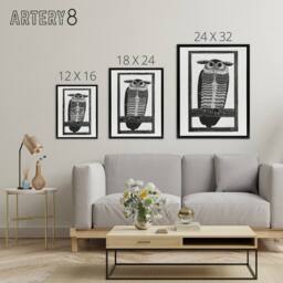 "Artery8 Stylised Horned Owl Samuel J De Mesquita Framed Canvas Wall Art Print in White - Size: W12"" x H16""" - thumbnail 4