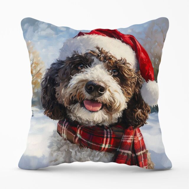 Warren Reed - Designer Snowy Christmas Spanish Water Dog Cushion in Brown - Size: 60 cm x 60 cm - image 1