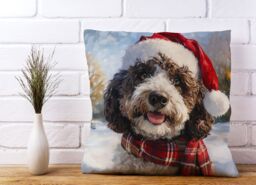 Warren Reed - Designer Snowy Christmas Spanish Water Dog Cushion in Brown - Size: 60 cm x 60 cm - thumbnail 2