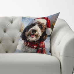 Warren Reed - Designer Snowy Christmas Spanish Water Dog Cushion in Brown - Size: 60 cm x 60 cm - thumbnail 3