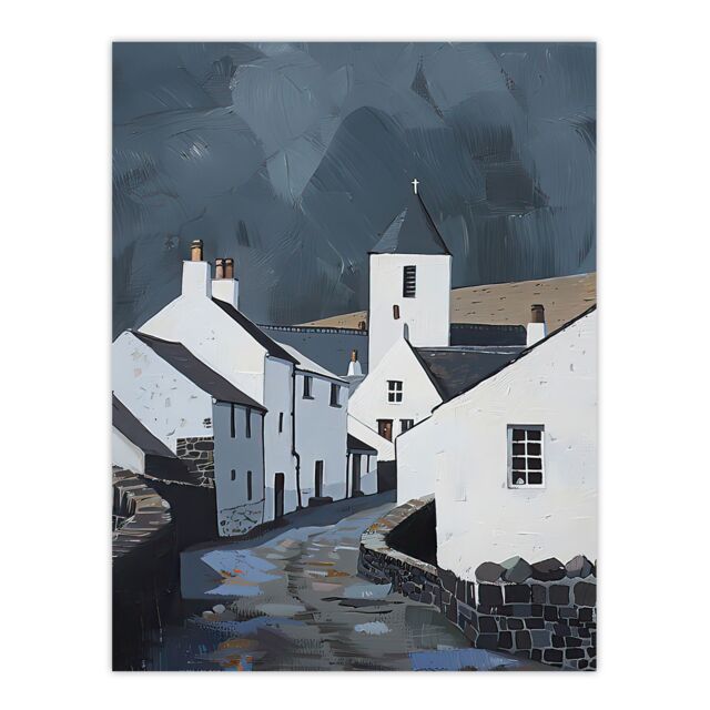 "Artery8 Aberdaron Village Oil Painting Wales Timeless Wall Art Print in Grey - Size: W12"" x H16""" - image 1