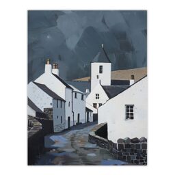 "Artery8 Aberdaron Village Oil Painting Wales Timeless Wall Art Print in Grey - Size: W12"" x H16""" - thumbnail 1
