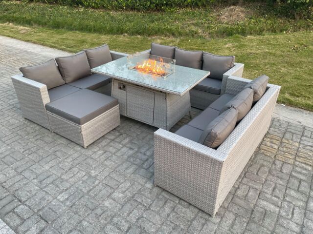 Fimous Light Grey U Shape Lounge Sofa Dining Set With Gas Fire Pit Rattan Garden Furniture Set Heater Burner - image 1