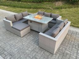 Fimous Light Grey U Shape Lounge Sofa Dining Set With Gas Fire Pit Rattan Garden Furniture Set Heater Burner - thumbnail 1