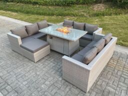 Fimous Light Grey U Shape Lounge Sofa Dining Set With Gas Fire Pit Rattan Garden Furniture Set Heater Burner - thumbnail 3