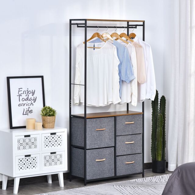 HOMCOM 175x83cm Freestanding Clothes Hanger Storage Steel Frame 5 Drawers Handles Shelf in Grey - Size: 175x83 cm - image 1