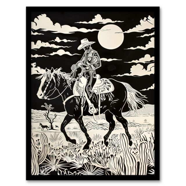 Artery8 Midnight Cowboy Black & White Western Desert Framed Art Print - Size: A4 - image 1