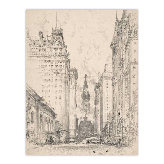 "Artery8 Joseph Pennell Broad Street View Pencil Cityscape Wall Art Print in Grey - Size: W12"" x H16""" - image 1