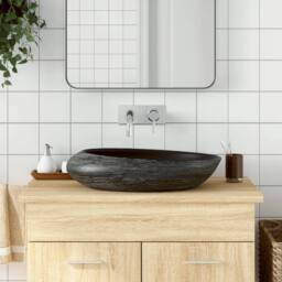 Berkfield Home Countertop Basin Grey & Black Oval 59x40x14 cm Ceramic - Size: 59 x 40 x 14 cm - thumbnail 2