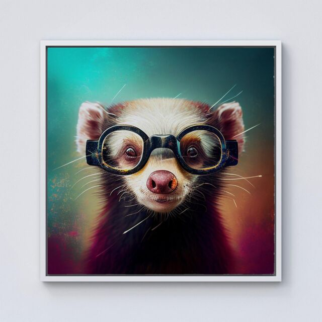 Warren Reed - Designer Ferret With Glasses Splashart Framed Canvas in Off-White - Size: w10 inch x h10 inch - image 1