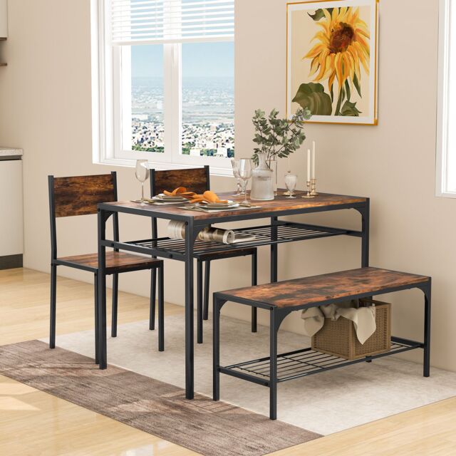 Costway 4PCS Dining Table Set for 4 Industrial Rectangular Kitchen Table with Chairs & Bench Metal Frame in Brown - image 1