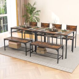 Costway 4PCS Dining Table Set for 4 Industrial Rectangular Kitchen Table with Chairs & Bench Metal Frame in Brown - thumbnail 2