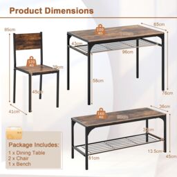 Costway 4PCS Dining Table Set for 4 Industrial Rectangular Kitchen Table with Chairs & Bench Metal Frame in Brown - thumbnail 6