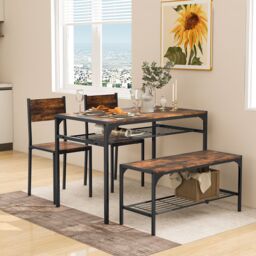 Costway 4PCS Dining Table Set for 4 Industrial Rectangular Kitchen Table with Chairs & Bench Metal Frame in Brown