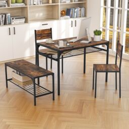 Costway 4PCS Dining Table Set for 4 Industrial Rectangular Kitchen Table with Chairs & Bench Metal Frame in Brown - thumbnail 3