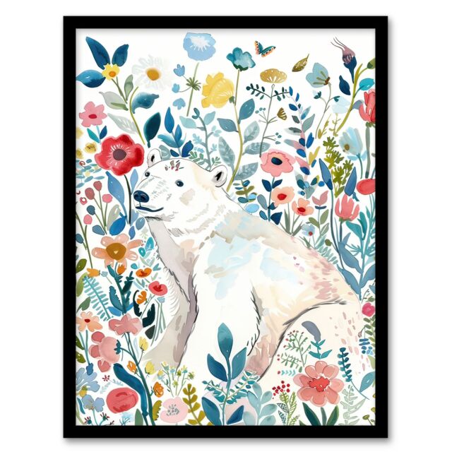 "Artery8 Polar Bear Basking Wildflower Field Watercolour Framed Wall Art - Size: W12"" x H16""" - image 1