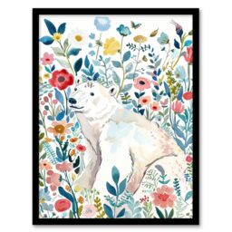 "Artery8 Polar Bear Basking Wildflower Field Watercolour Framed Wall Art - Size: W12"" x H16""" - thumbnail 1