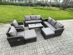 Fimous Rattan Wicker Garden Furniture Patio Conservatory Sofa Set with Rectangular Coffee Table Reclining Chair 2 Big Footstool in Dark Grey - thumbnail 2
