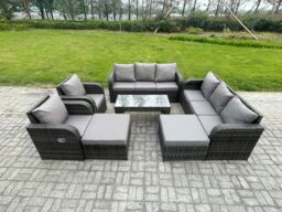Fimous Rattan Wicker Garden Furniture Patio Conservatory Sofa Set with Rectangular Coffee Table Reclining Chair 2 Big Footstool in Dark Grey - thumbnail 1