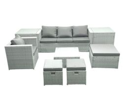 Fimous Garden Outdoor Furniture Set 7 Seater Rattan Sofa Set with 3 Footstools Armchair 2 Side Tables Light Grey Mixed - thumbnail 1