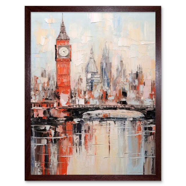 Artery8 Wall Art Print London Skyline Abstract Oil Painting Thick Paint Red Big Ben River Thames Westminster Bridge England City Art Framed - image 1