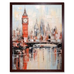 Artery8 Wall Art Print London Skyline Abstract Oil Painting Thick Paint Red Big Ben River Thames Westminster Bridge England City Art Framed - thumbnail 1