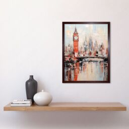 Artery8 Wall Art Print London Skyline Abstract Oil Painting Thick Paint Red Big Ben River Thames Westminster Bridge England City Art Framed - thumbnail 2
