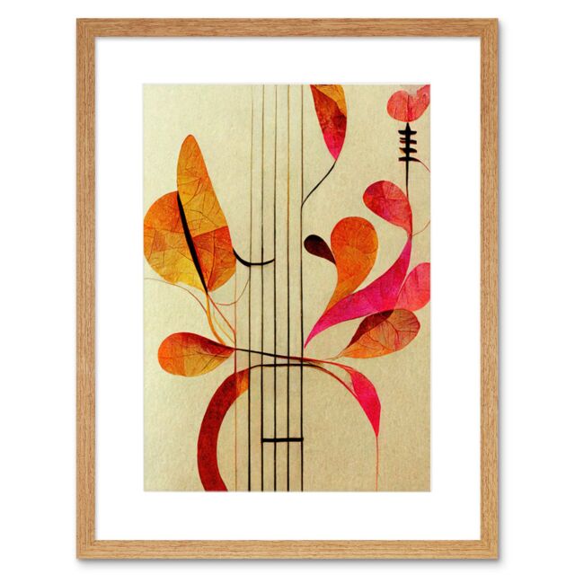 "Artery8 Wall Art Print Abstract Autumnal Boho Leaves & Musical Music Staff Lines Cream Pink Copper Yellow Artwork Framed 9X7 Inch - Size: W7"" x H9""" - image 1