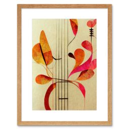 "Artery8 Wall Art Print Abstract Autumnal Boho Leaves & Musical Music Staff Lines Cream Pink Copper Yellow Artwork Framed 9X7 Inch - Size: W7"" x H9""" - thumbnail 1