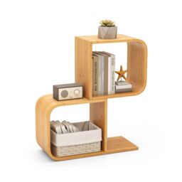 Gymax S-Shaped Bookcase 2-Tier Corner Display Shelf Floor Storage Rack in Natural