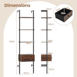 Gymax 5-Tier Ladder Bookcase 178cm Tall Wall-Mounted Shelves With Drawer in Brown - thumbnail 2