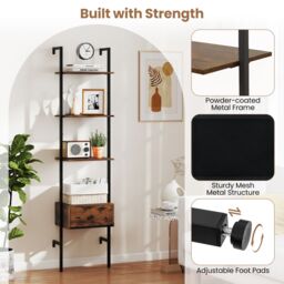 Gymax 5-Tier Ladder Bookcase 178cm Tall Wall-Mounted Shelves With Drawer in Brown - thumbnail 7