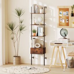 Gymax 5-Tier Ladder Bookcase 178cm Tall Wall-Mounted Shelves With Drawer in Brown - thumbnail 6