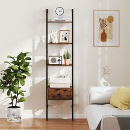 Gymax 5-Tier Ladder Bookcase 178cm Tall Wall-Mounted Shelves With Drawer in Brown - thumbnail 3