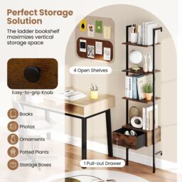 Gymax 5-Tier Ladder Bookcase 178cm Tall Wall-Mounted Shelves With Drawer in Brown - thumbnail 8