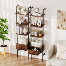 Gymax 5-Tier Ladder Bookcase 178cm Tall Wall-Mounted Shelves With Drawer in Brown - thumbnail 4