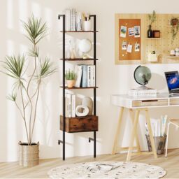 Gymax 5-Tier Ladder Bookcase 178cm Tall Wall-Mounted Shelves With Drawer in Brown - thumbnail 5