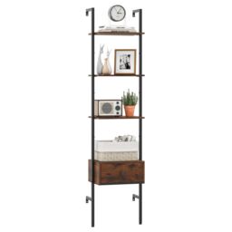 Gymax 5-Tier Ladder Bookcase 178cm Tall Wall-Mounted Shelves With Drawer in Brown - thumbnail 1