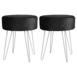 Harbour Housewares Round Velvet Footstools - H40 x D35cm - Silver Legs - Pack of 2 in Black