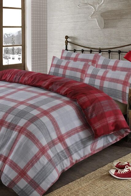 OHS Boston Brushed Cotton Duvet Cover Pillowcase Bedding Set in Red - Size: King - image 1