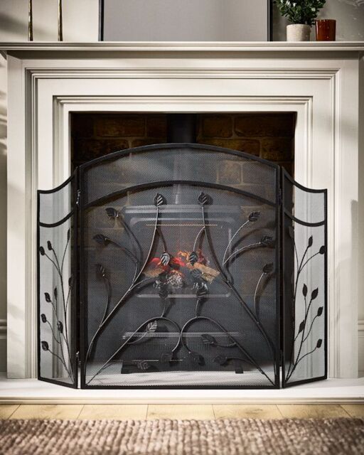 Dibor Vintage Style Leaf Vine Black Three Fold Fireplace Guard Fire Screen Guard H60cm x W100cm - image 1